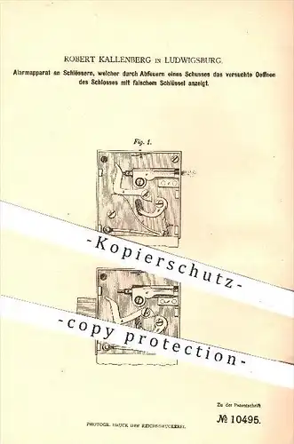 original Patent - Robert Kallenberg in Ludwigsburg , 1879 , Alarmapparat an Schlössern , Schloss , Türschloss , Tür !!!