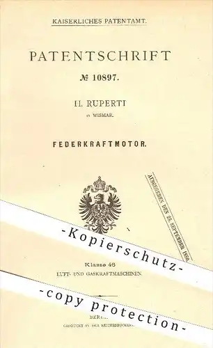 original Patent - H. Ruperti in Wismar , 1879 , Federkraftmotor , Motor , Motoren , Kraftmaschinen , Federn , Bremsen !!