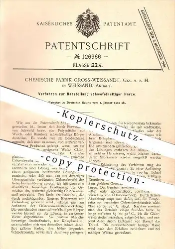 original Patent - Chemische Fabrik Groß - Weissandt GmbH in Weissand , 1901 , Darstellung schwefelhaltiger Harze , Harz