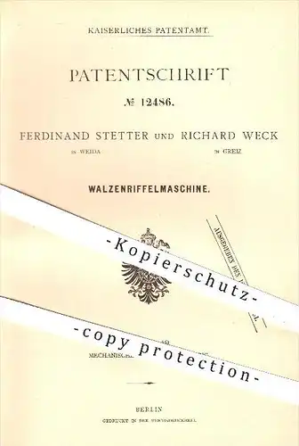 original Patent - Ferdinand Stetter in Weida & Richard Weck in Greiz , 1880 , Walzenriffelmaschine , Walzen , Getreide !