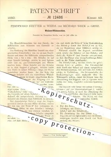 original Patent - Ferdinand Stetter in Weida & Richard Weck in Greiz , 1880 , Walzenriffelmaschine , Walzen , Getreide !