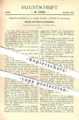 original Patent - Martin Praekelt & K. Rahn , Bunzlau , Schlesien , 1880 , Dachstein - Presse , Dach , Ziegel , Ziegelei