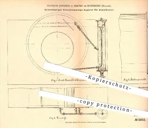 original Patent - François Janssens in Herten bei Roermond , Holland , 1878 , Entschlammungs - Apparat für Dampfkessel