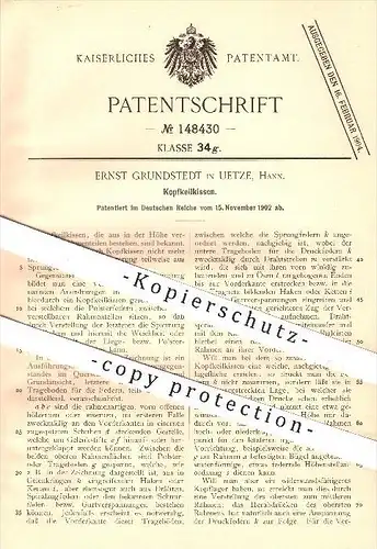 original Patent - Ernst Grundstedt , Uetze , Hannover , 1902 , Kopfkeilkissen , Kissen , Kopfkissen , Matraze , Polster