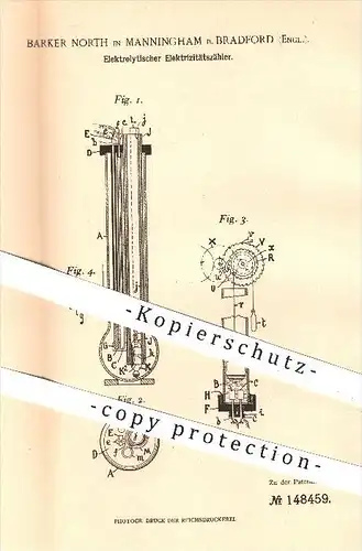 original Patent - Barker North in Manningheim bei Bradford , England , 1903 , Elektrolytischer Elektrizitätszähler !!!