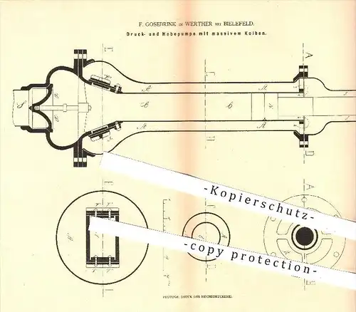 original Patent - F. Gosebrink , Werther , Bielefeld , 1879, Druckpumpe , Hebepumpe mit massivem Kolben , Pumpe , Pumpen