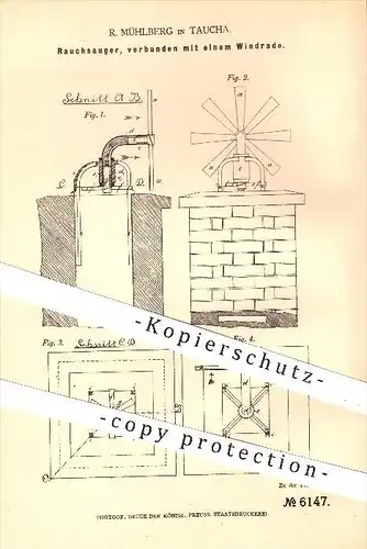 original Patent - R. Mühlberg in Taucha , 1878 , Rauchsauger - verbunden mit einem Windrad , Schornstein , Heizung !!!