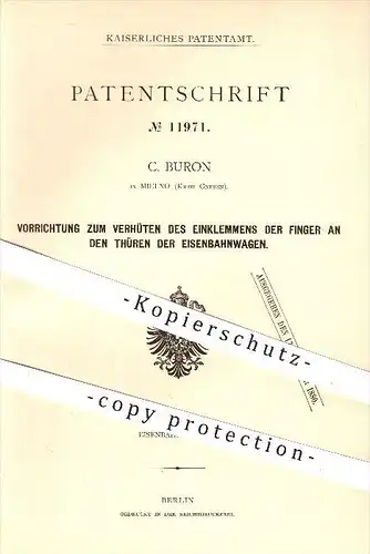 original Patent - C. Buron in Mielno , Gnesen , 1880 , Türen der Eisenbahnen , Eisenbahn , Wagon , Tür !!!
