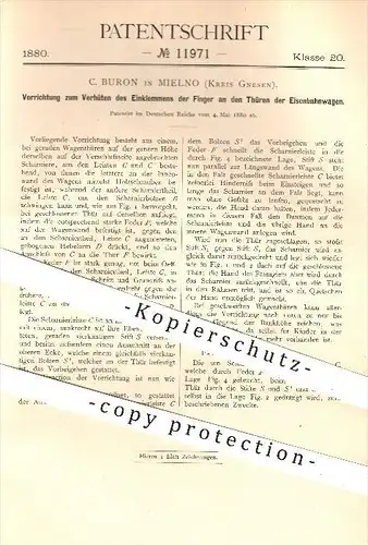 original Patent - C. Buron in Mielno , Gnesen , 1880 , Türen der Eisenbahnen , Eisenbahn , Wagon , Tür !!!