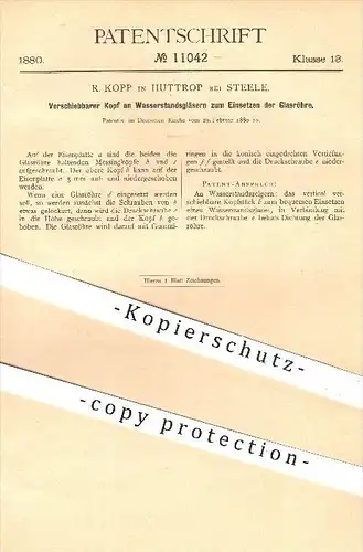 original Patent - R. Kopp in Huttropp bei Steele , Kopf an Wasserstandsgläsern , Glas , Dampfkessel , Kessel !!!