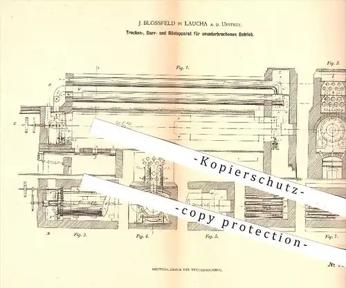 original Patent - J. Blossfeld , Laucha , Unstrut , 1880 , Apparat zum Trocknen , Darren , Rösten , Trockenvorrichtung