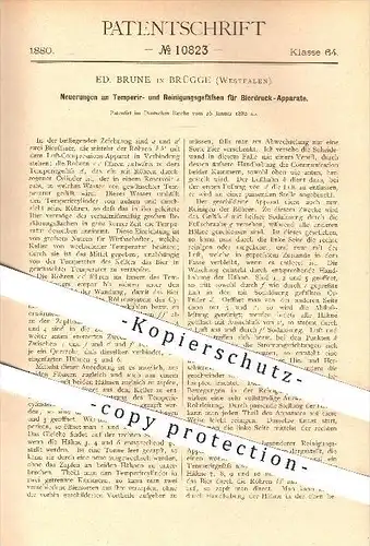 original Patent - Ed. Brune in Brügge , 1880 , Temperier- u. Reinigungsgefäß für Bierdruck - Apparate , Gastronomie !!!