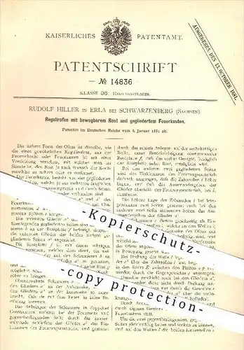 original Patent - R. Hiller , Erla b. Schwarzenberg , 1881 , Regulierofen mit Rost & Feuerkasten , Ofen , Öfen , Ofenbau