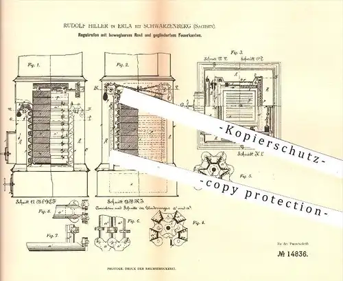 original Patent - R. Hiller , Erla b. Schwarzenberg , 1881 , Regulierofen mit Rost & Feuerkasten , Ofen , Öfen , Ofenbau