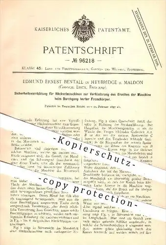 original Patent - E. Ernest Bentall , Heybridge , Maldon , Grafschaft Essex , 1897 , Häckselmaschine , Häcksel , Forst !