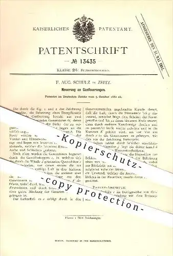 original Patent - F. Aug. Schulz in Zeitz , 1880 , Gasfeuerung , Gas , Feuerung , Dampfkessel , Generator , Generatoren