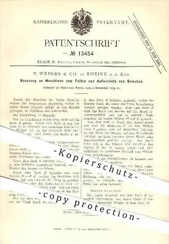 original Patent - E. Webers & Co. in Rheine an der Ems , 1879 , Maschine zum Falten u. Aufwickeln von Geweben , Stoffe !