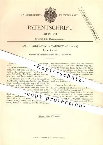 original Patent - Josef Szebesta in Tarnow , Galizien , 1882 , Sparherd , Herd , Ofen , Öfen , Schornstein , Ofenbauer !