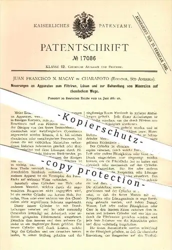 original Patent - Juan F. N. Macay , Charapoto , Equador , Südamerika , Filtern u. Behandlung von Mineralien , Chemie !!