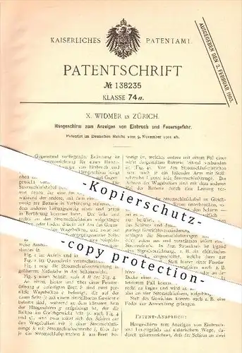 original Patent - X. Widmer in Zürich , 1901 , Hängeschirm zum Anzeigen von Einbruch u. Feuergefahr , Feuer , Brand !!!
