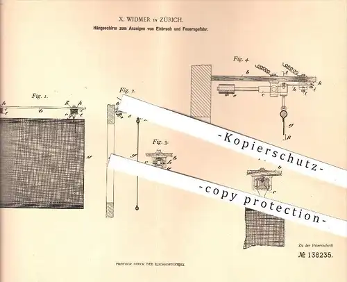 original Patent - X. Widmer in Zürich , 1901 , Hängeschirm zum Anzeigen von Einbruch u. Feuergefahr , Feuer , Brand !!!