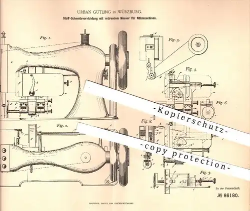 original Patent - Urban Gülting in Würzburg , 1895 , Stoff - Schneidevorrichtung für Nähmaschinen , Nähen , Nähmaschine