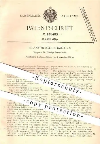 original Patent - Rudolf Hessler in Halle an der Saale , 1902 , Vergaser für flüssige Brennstoffe , Brennstoff !!!