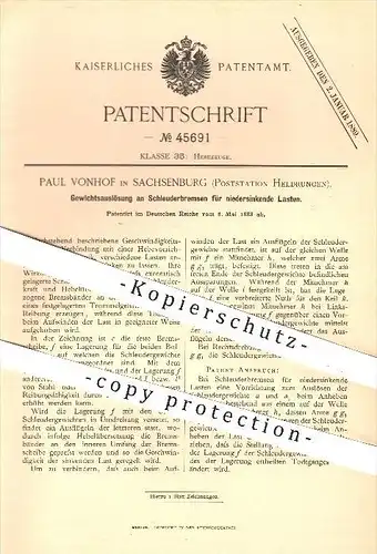original Patent - Paul Vonhof , Sachsenburg , Heldrungen , 1888 , Gewichtsauslösung an Schleuderbremsen , Hebezeuge !!!