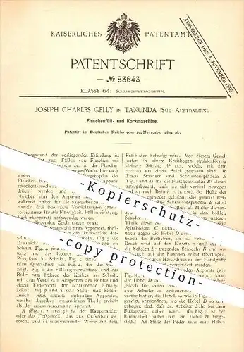 original Patent - Joseph Charles Gelly in Tanunda , Australien , 1894 , Flaschenfüll- u. Korkmaschine , Flaschen , Kork
