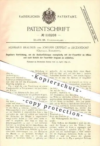 original Patent - H. Brauner , J. Geppert , Jägerndorf , Schlesien , 1899 , Öffnen der Aschenklappe mit Feuertür , Ofen