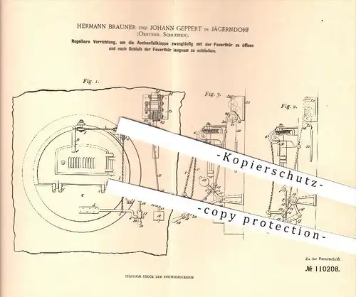 original Patent - H. Brauner , J. Geppert , Jägerndorf , Schlesien , 1899 , Öffnen der Aschenklappe mit Feuertür , Ofen