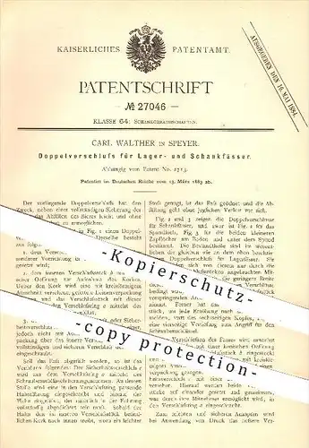 original Patent - Carl Walther in Speyer , 1883 , Doppel - Verschluss für Lager- u. Schankfässer , Fass , Fässer !!!