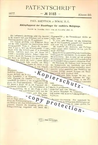 original Patent - Paul Baentsch , Sorau , 1877 , Abklopfapparat der Staubfänger , Mühle , Mühlen , Müller , Mehl !!!