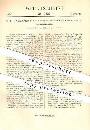 original Patent - Chr. Münzenmaier , Kennenburg , Esslingen , 1880, Fleischwiegemaschinen , Fleischerei , Waage , Waagen