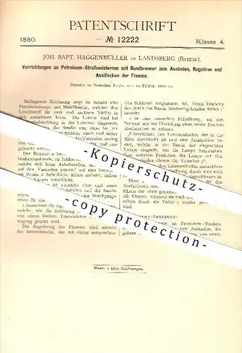 original Patent - Joh. Bapt. Haggenmüller , Landsberg , 1880 , Petroleum - Straßenlaterne mit Rundbrenner , Brenner !!!