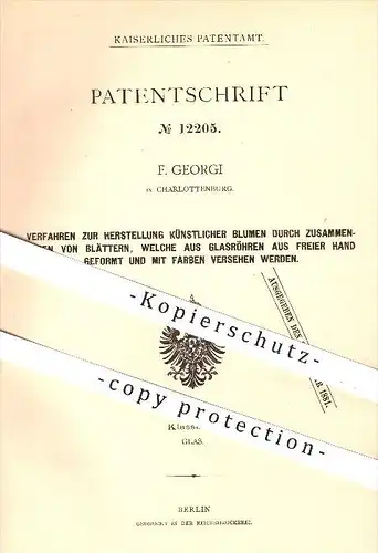 original Patent - F. Georgi , Charlottenburg , 1880 , Herstellung künstlicher Blumen , Glas , Glaskunst , Stoffblumen !