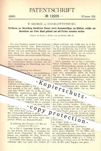 original Patent - F. Georgi , Charlottenburg , 1880 , Herstellung künstlicher Blumen , Glas , Glaskunst , Stoffblumen !