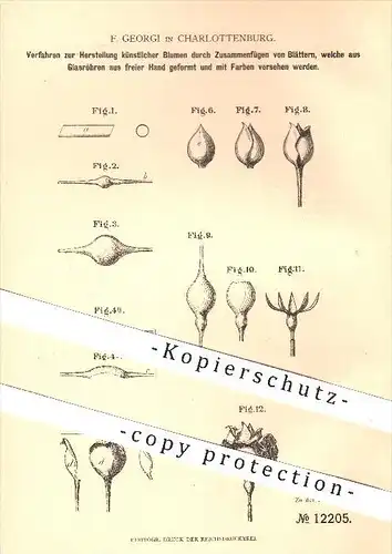 original Patent - F. Georgi , Charlottenburg , 1880 , Herstellung künstlicher Blumen , Glas , Glaskunst , Stoffblumen !