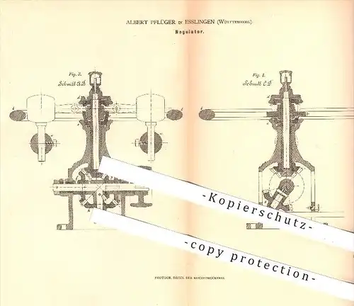 original Patent - Albert Pflüger , Esslingen , 1879 , Regulator , Regulatoren , Kraftmaschinen , Motor , Motoren !!!