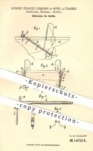 original Patent - R. Pearce Gibbons , Kopu b. Thames , Auckland , Neuseeland , Australien , 1903 , Treiber für Schiffe !