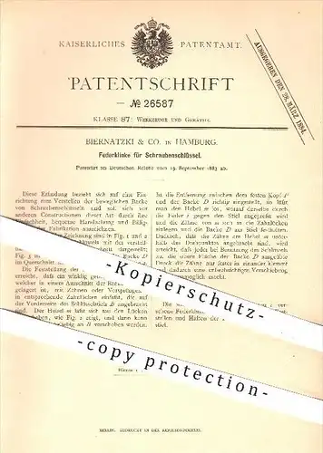 original Patent - Biernatzki & Co. , Hamburg , 1883 , Federklinke für Schraubenschlüssel , Werkzeug , Schlüssel !!!