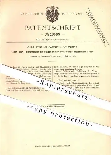 original Patent - Carl Dirlam Söhne in Solingen , 1883 , Feder- oder Taschenmesser mit seitlicher Feder , Messer !!!