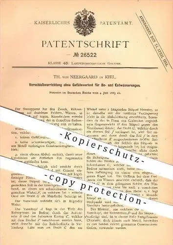original Patent - Th. von Neergaard , Kiel , 1883 , Verschluss für Bewässerung u. Entwässerung ohne Gefälleverlust !!!