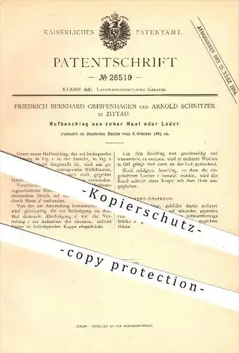 original Patent - Friedrich B. Greifenhagen , Arnold Schnitzer , Zittau , 1883 , Hufbeschlag aus roher Haut oder Leder !