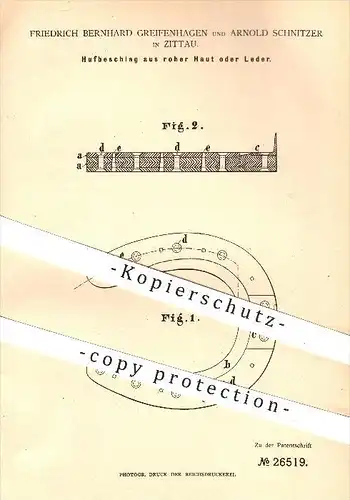 original Patent - Friedrich B. Greifenhagen , Arnold Schnitzer , Zittau , 1883 , Hufbeschlag aus roher Haut oder Leder !