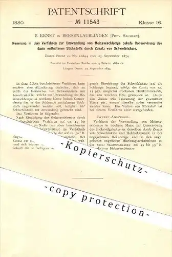 original Patent - E. Ernst , Beesenlaublingen , 1880 , Umwandlung von Melasseschlempe für Konservierung von Stickstoff !