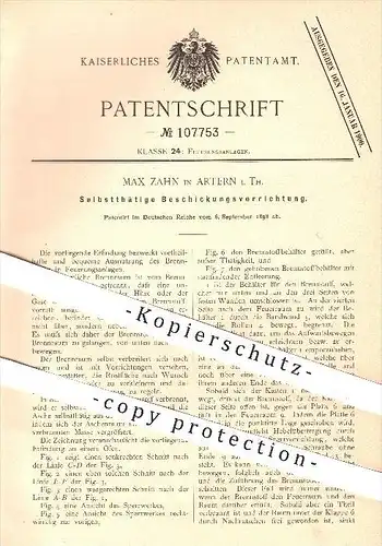 original Patent - Max Zahn in Artern , 1898 , Selbsttätige Beschickungsvorrichtung , Feuerung , Ofen , Öfen , Heizung !!