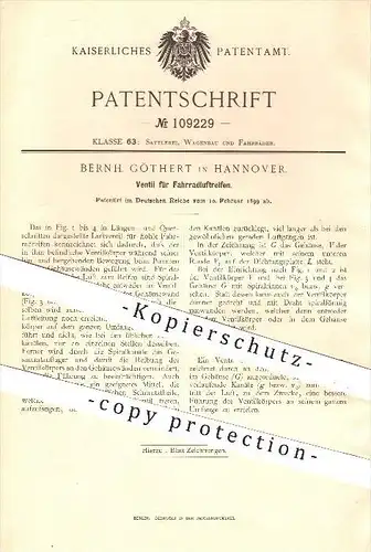 original Patent - Bernh. Göthert in Hannover , 1899 , Ventil für Fahrradluftreifen , Fahrrad , Fahrräder , Reifen , Rad