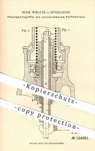 original Patent - Herm. Wiegleb in Düsseldorf , 1900 , Flüssigkeitspuffer mit verschiebbarem Pufferkolben , Kolben !!!