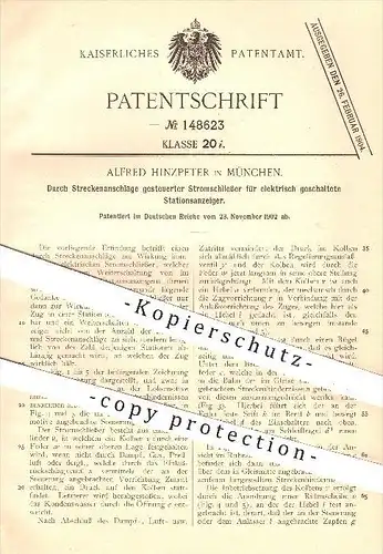original Patent - Alfred Hinzpeter in München , 1902 , gesteuerter Stromschließer , Strom , Motor , Motoren !!!